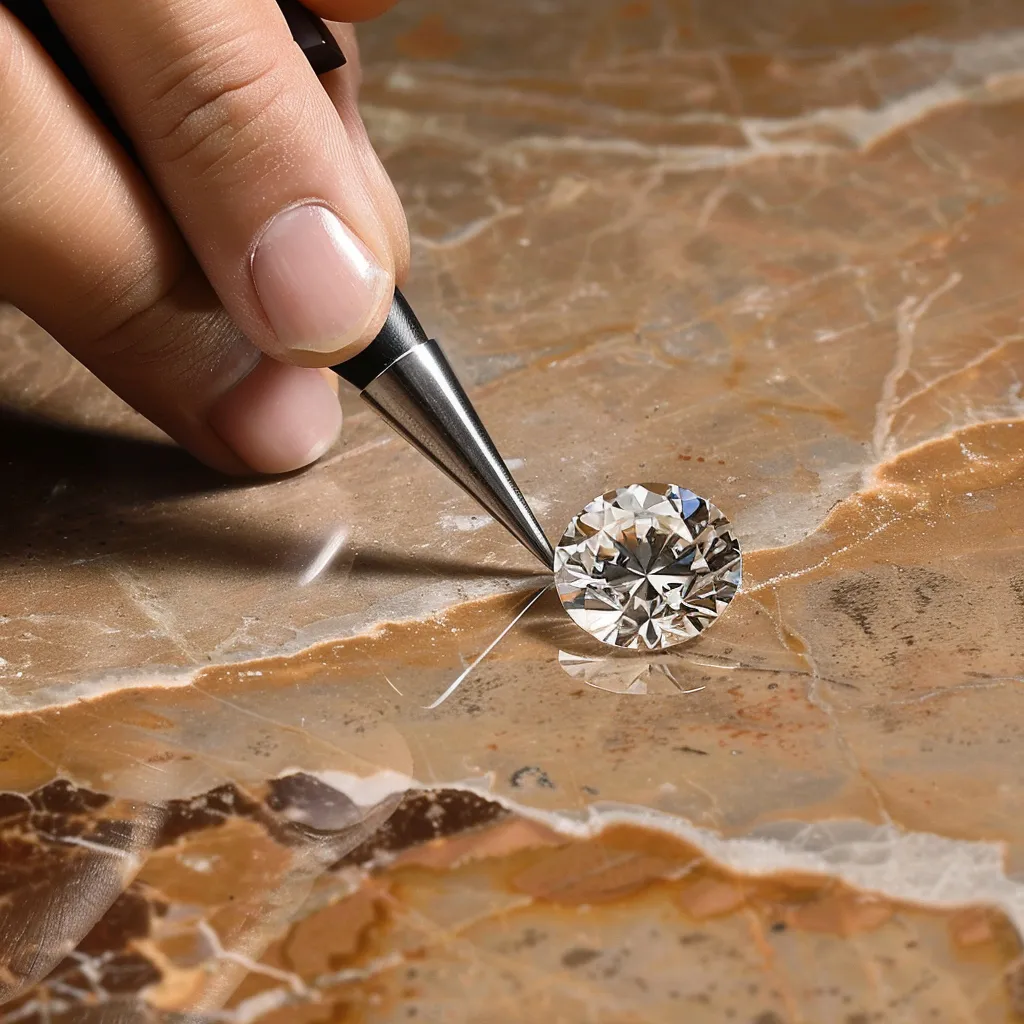 a white diamond being cut with a diamond cutter on brown marble floor