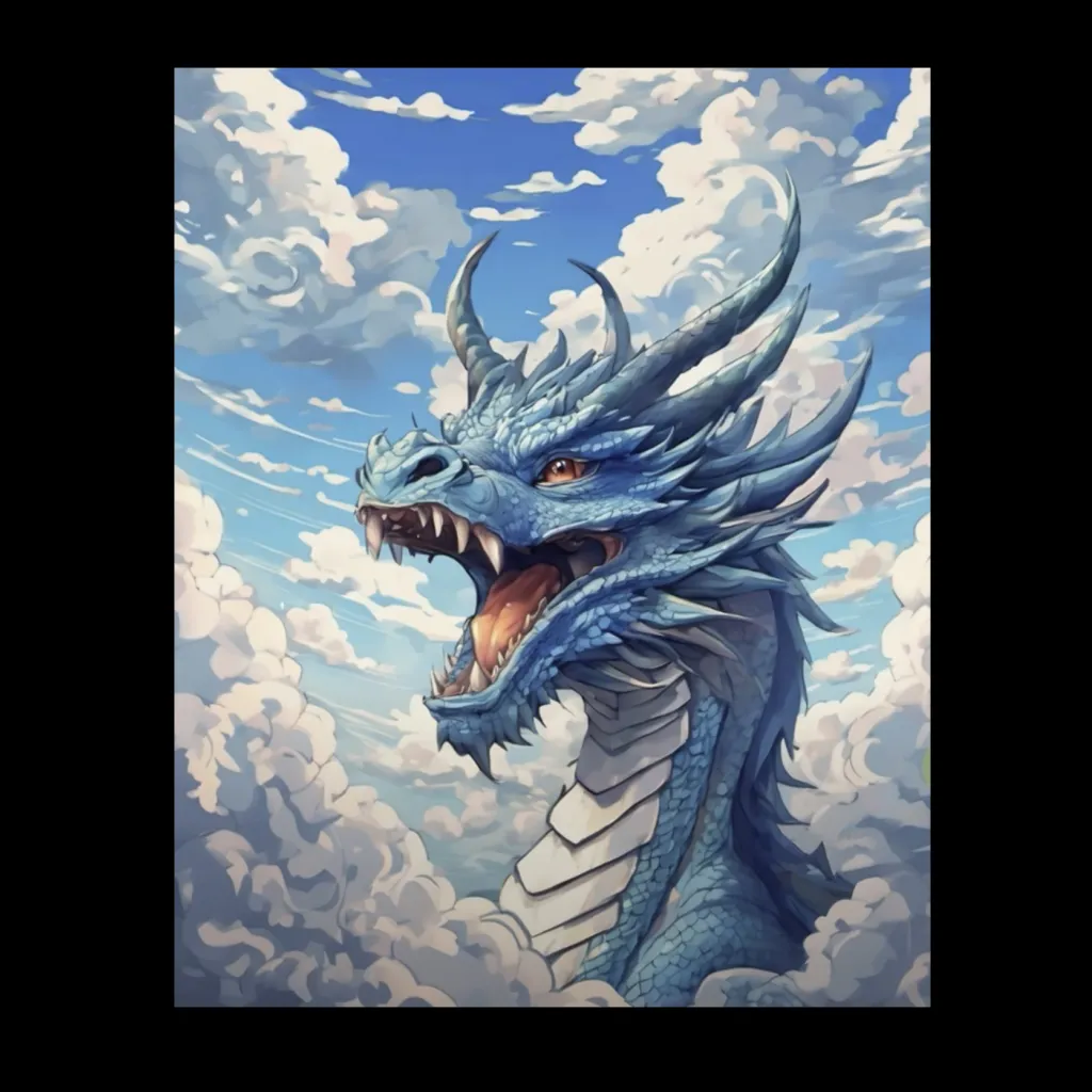 a painting of a blue dragon with its mouth open