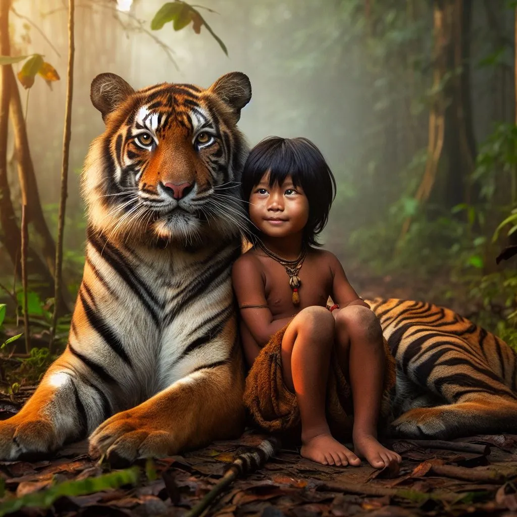 a young girl sitting next to a large tiger