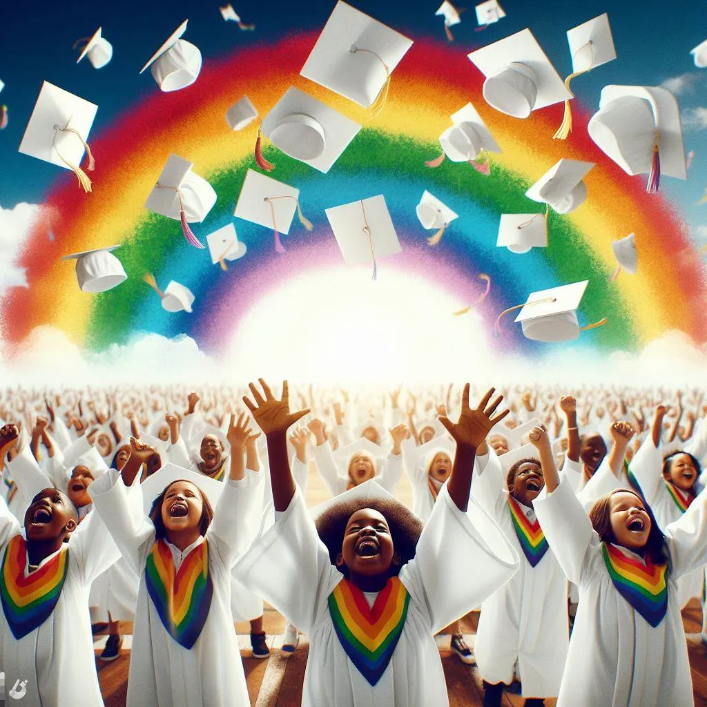 a group of children in graduation gowns throwing their caps in the air