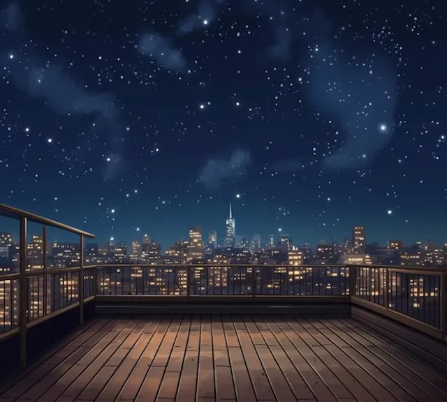 a night view of a city from a balcony Gothic roof with gargoyles and in the background a destroyed burning city from the Second World War, anti-aircraft spotlights illuminating the sky and a German bomber passing a B54 in the distance. All in a 3d volume animation style 