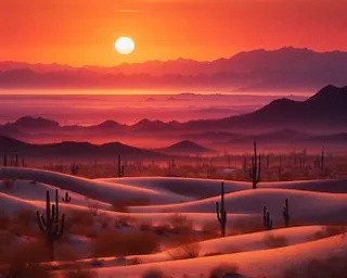 the sun is setting over a desert landscape