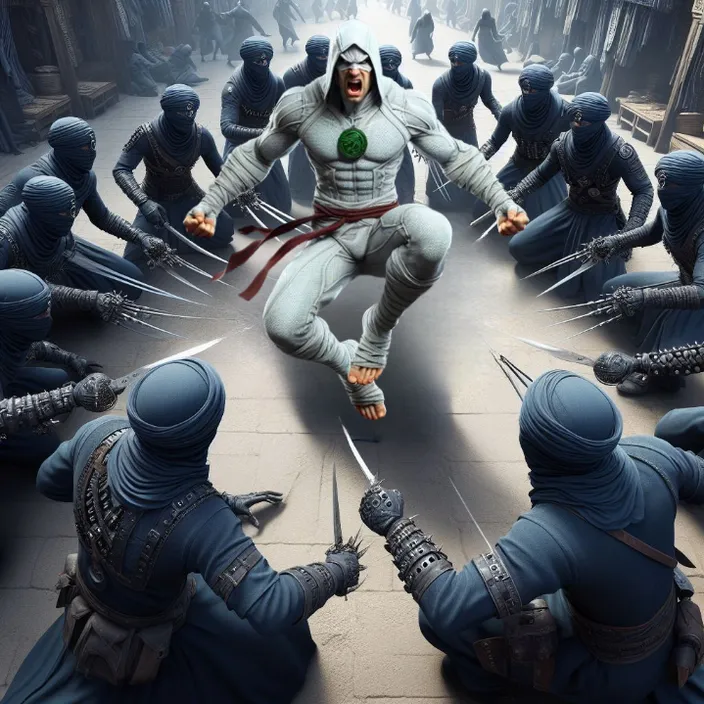 a man in a white outfit is surrounded by swords-motion 3-camera zoom out 