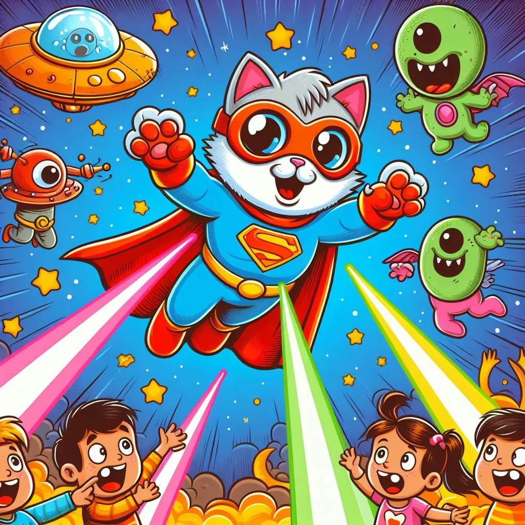 a cartoon cat flying through the air surrounded by other cartoon characters