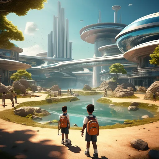 two children standing in front of a futuristic city