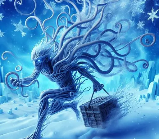 a painting of an alien carrying a crate in the snow