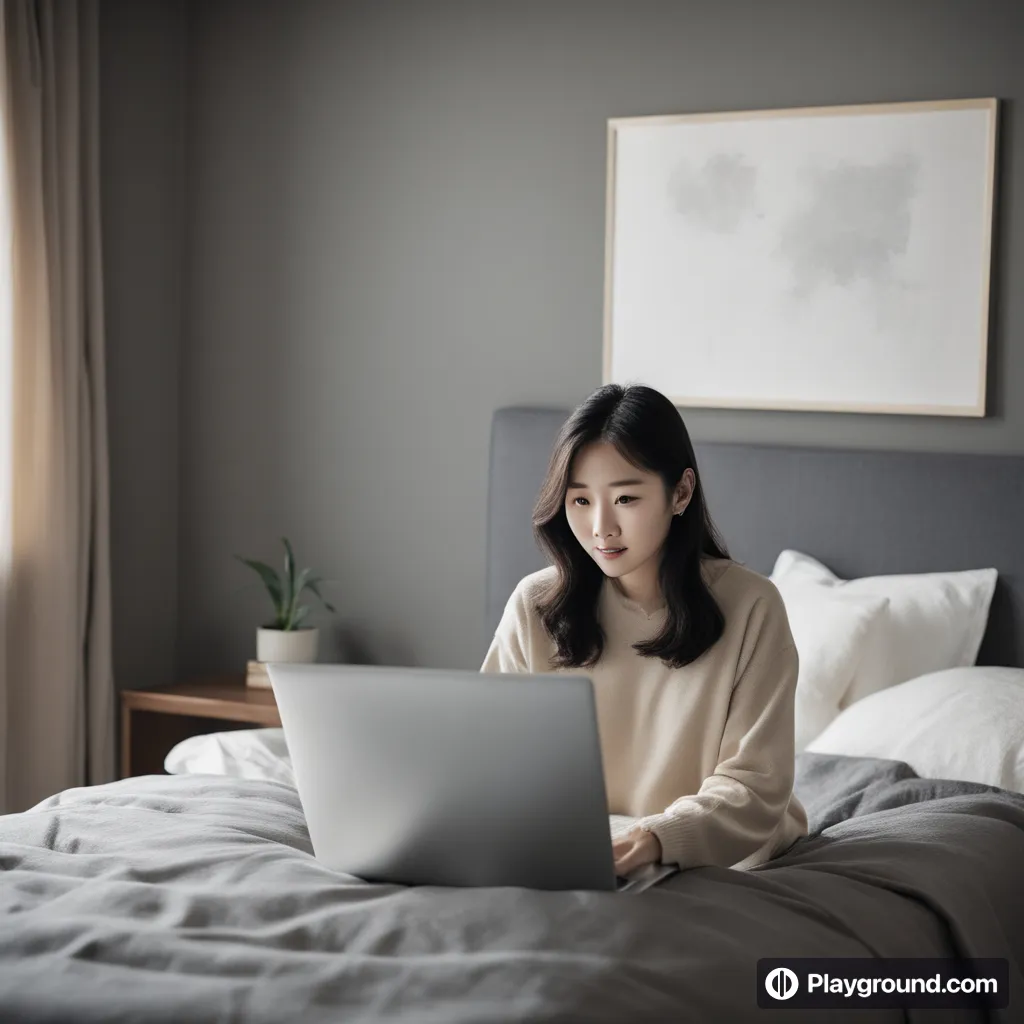 a woman sitting on a bed using a laptop computer