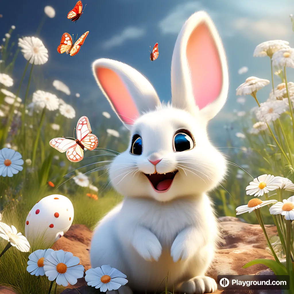 a white rabbit sitting on top of a field of flowers