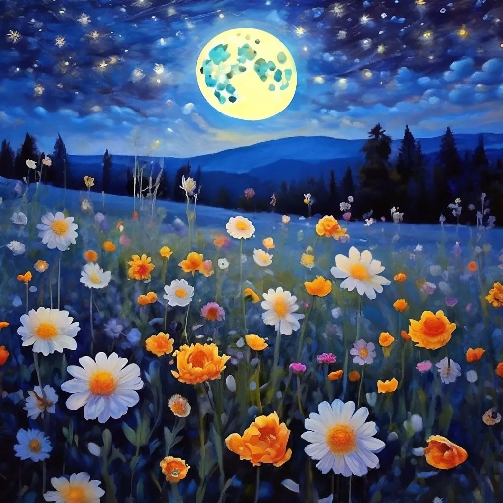 a painting of a field of flowers with a full moon in the background