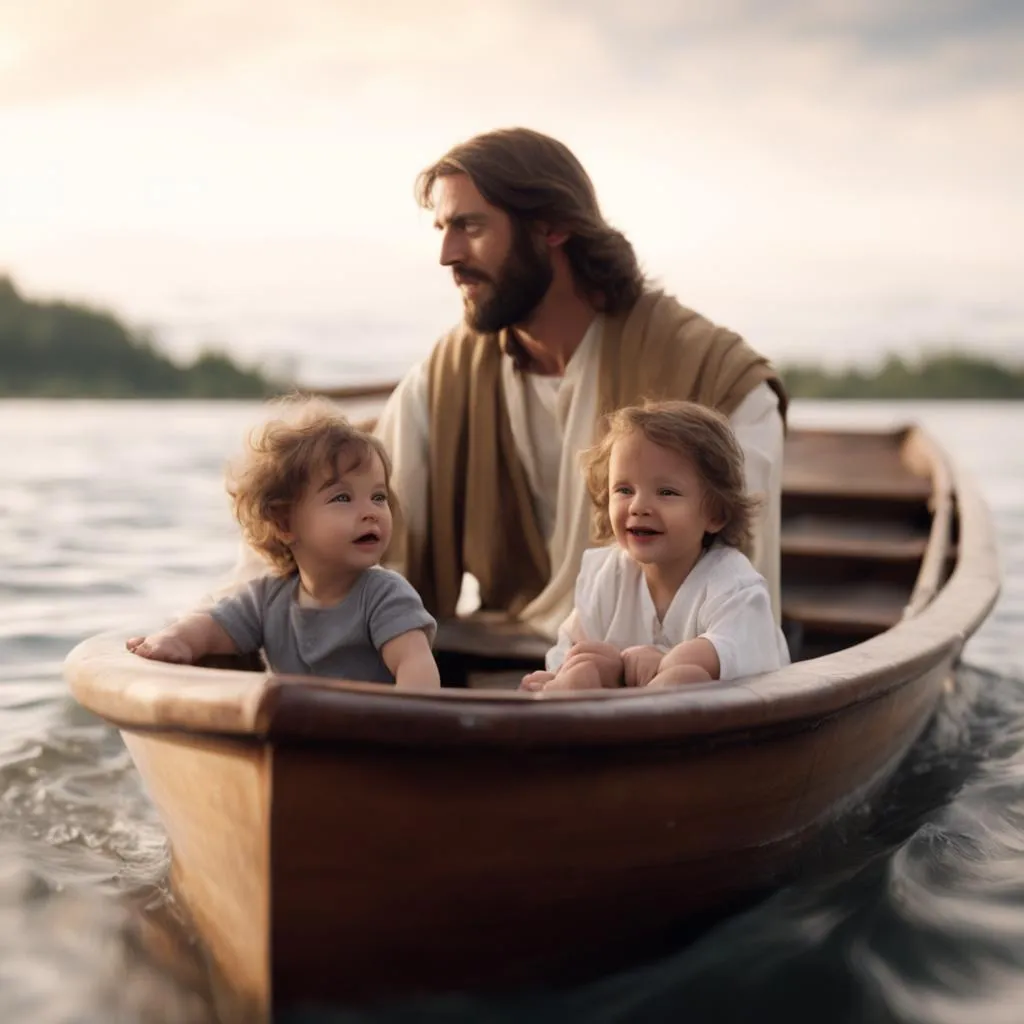 a man and two children in a boat on the water