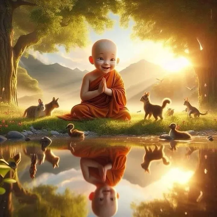 little monk sit by the pond praying surround him with beautiful animals , advertising style