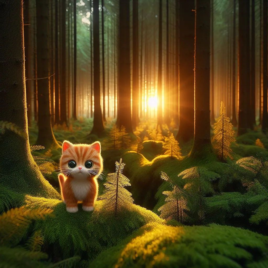 a cat sitting in the middle of a forest