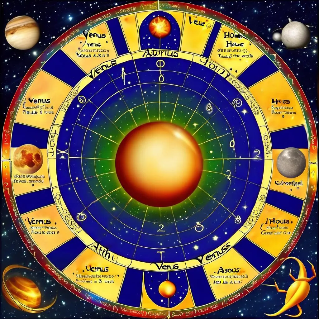 a zodiac chart with planets and stars in the background