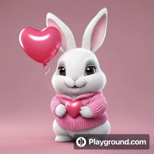 a white rabbit in a pink sweater holding a heart balloon