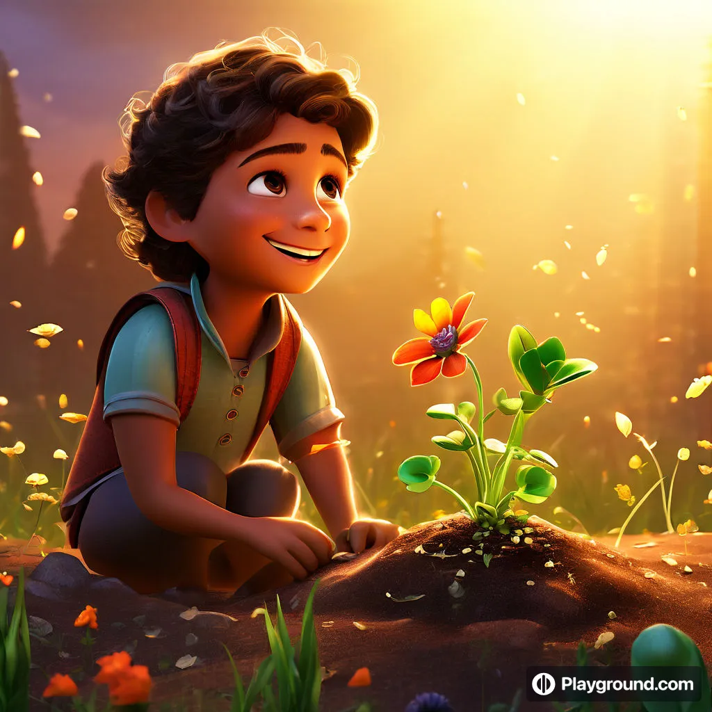 a boy kneeling down next to a flower