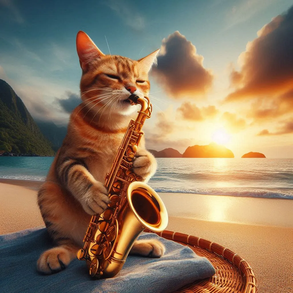 a cat playing a saxophone on the beach