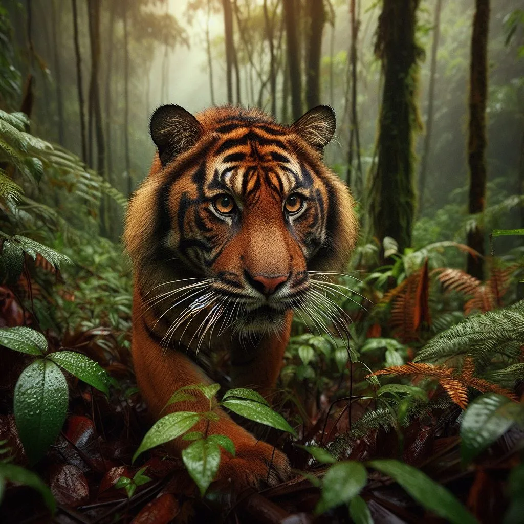 a tiger walking through a lush green forest