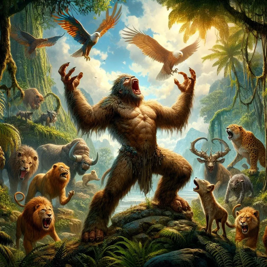 a painting of a bigfoot surrounded by other animals