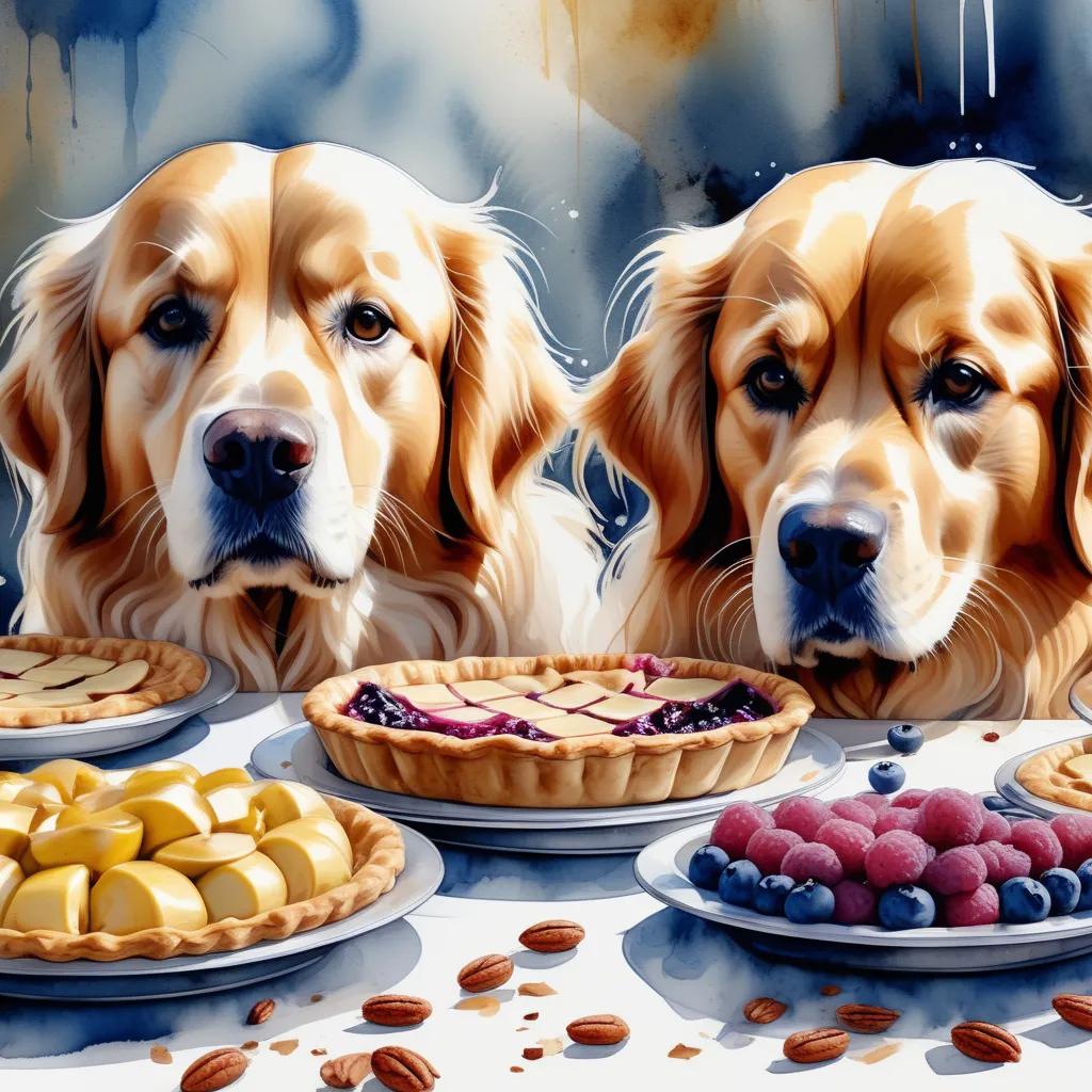 a painting of two dogs sitting at a table with pies and fruit