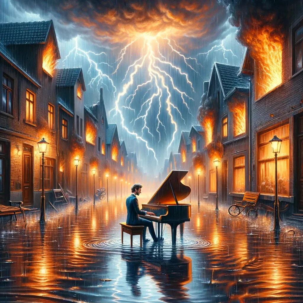 a painting of a man playing a piano in the rain