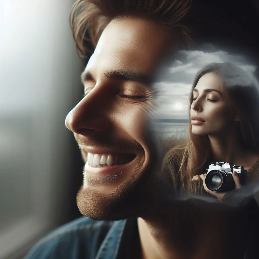 A final shot of the man closing his eyes and smiling, visualizing the day he will be together again, with his beloved woman with a soft fade to black.