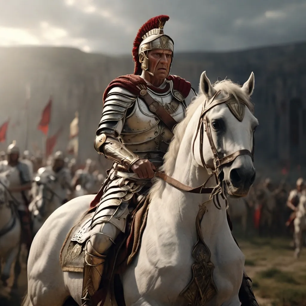 a man riding on the back of a white horse and his legions riding with him