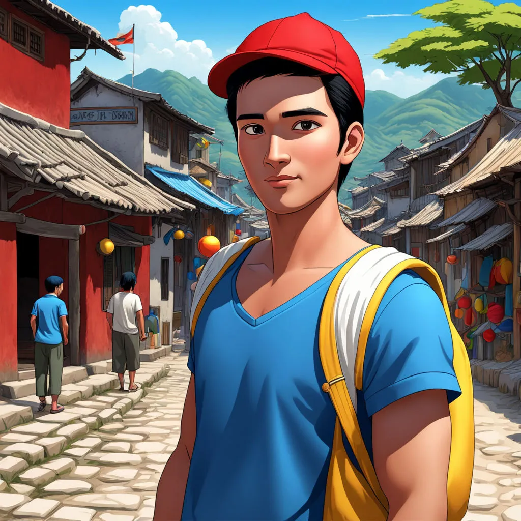  in a small town, there lived a man - 30 years old man with black hair ,black eyes, whiteish colored wear  village cloth, who used to selling travel basic caps  colourful caps.  cartoon image in 3d  red  yellow  travel basic cap in his hand also wear blue travel basic capon his head