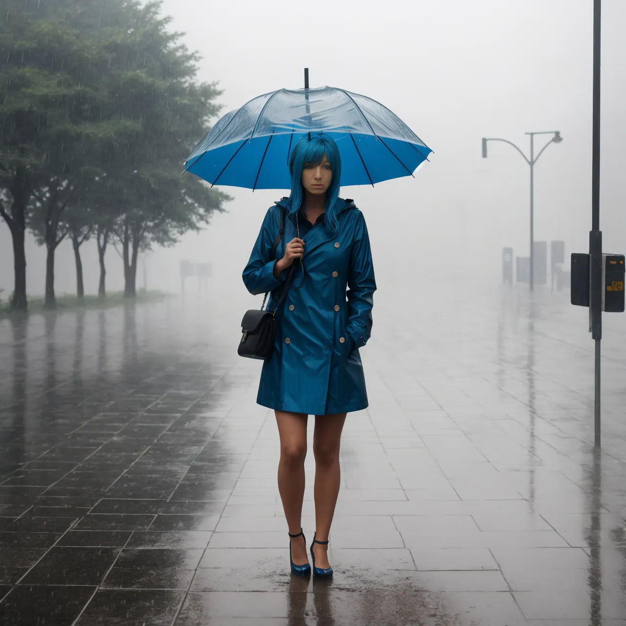 a woman in a blue trench coat holding an umbrella