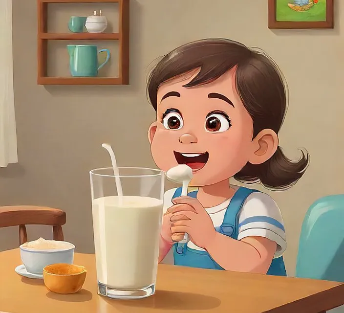 a young girl eating cereal and drinking milk