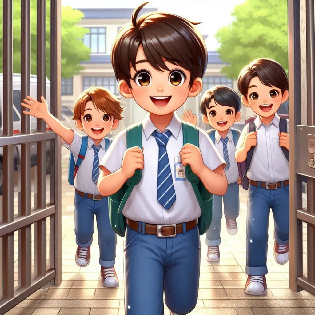 a boy in a school uniform is walking through a gate