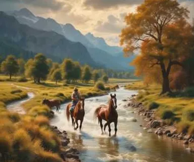 a painting of two people riding horses across a river