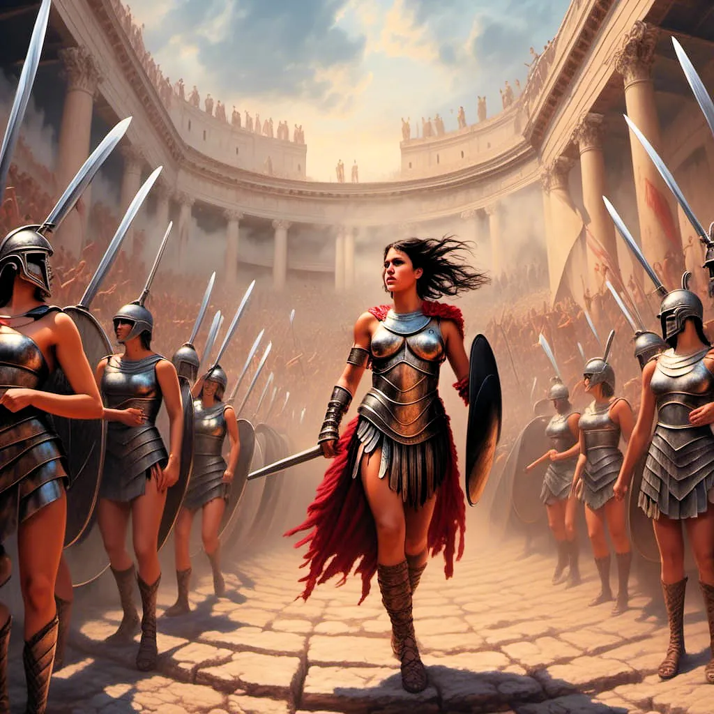 A futuristic gladiatrix fighting in a virtual Roman colosseum