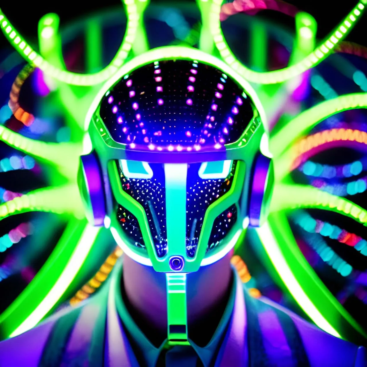 a man in a suit and tie with neon lights on his face