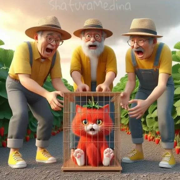 a group of men standing next to a kitty in a cage