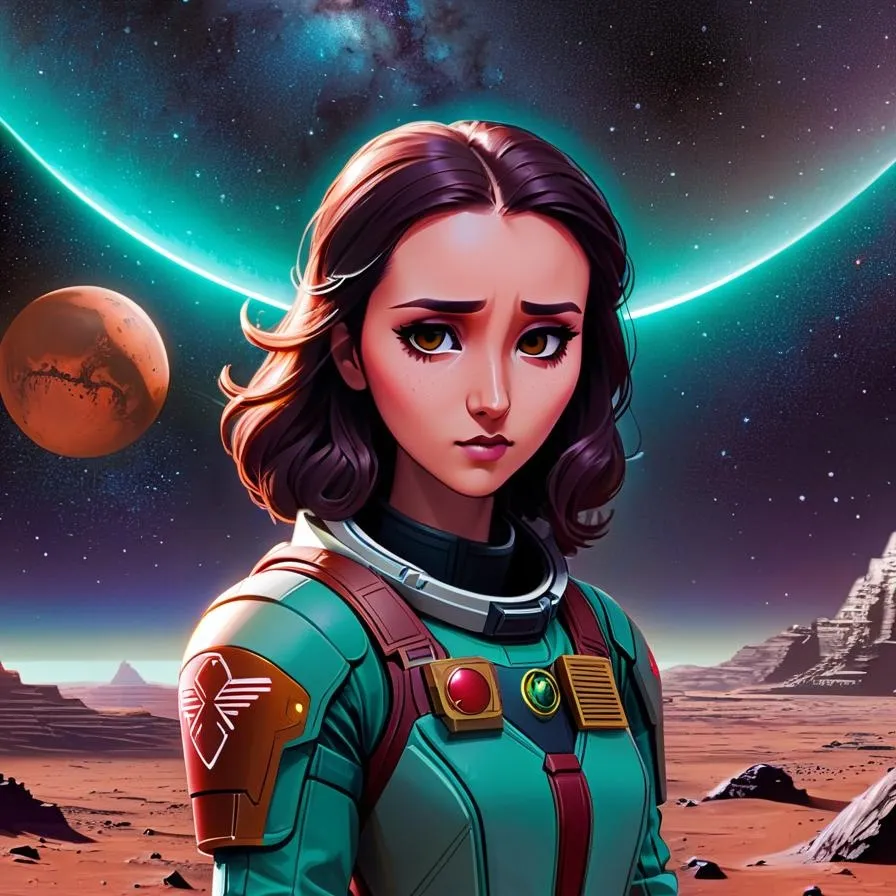 a woman in a space suit standing in front of a planet