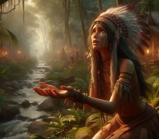 a painting of a native american woman in the woods