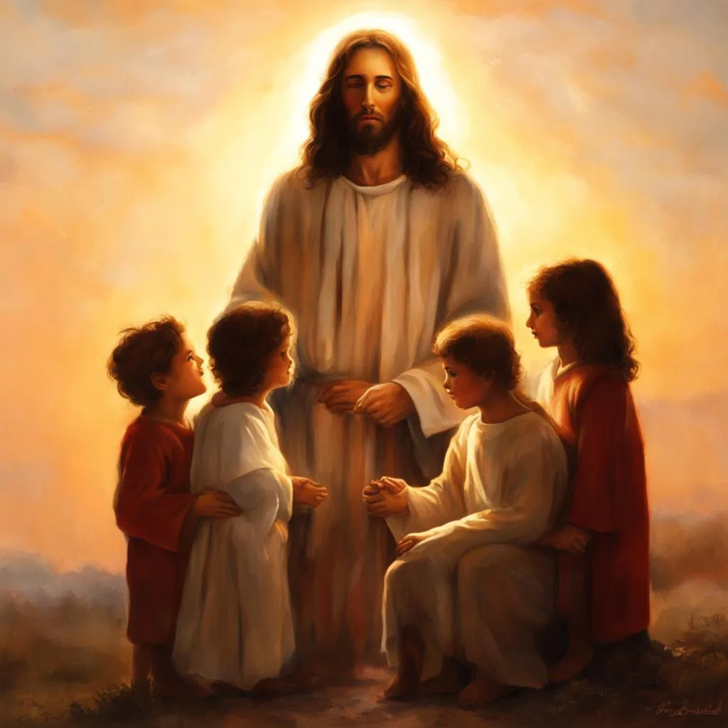 a painting of jesus surrounded by three children