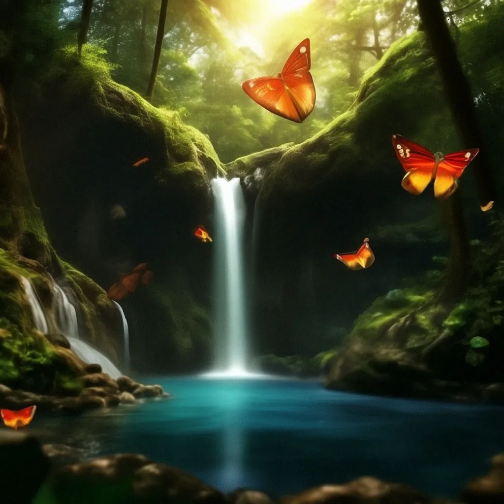 a waterfall with butterflies flying over it