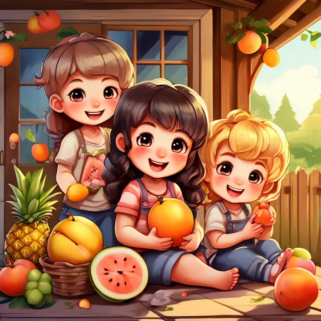 a group of children sitting on the ground with fruit