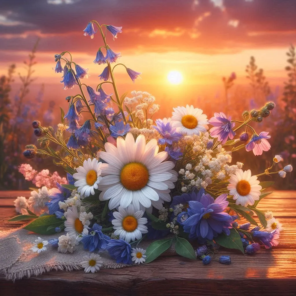 a bouquet of flowers sitting on top of a wooden table