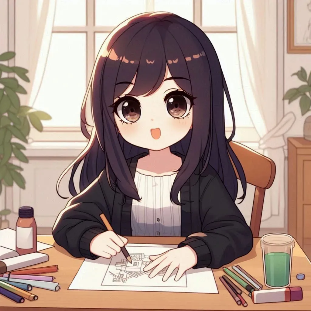 a girl sitting at a desk with a pen and paper