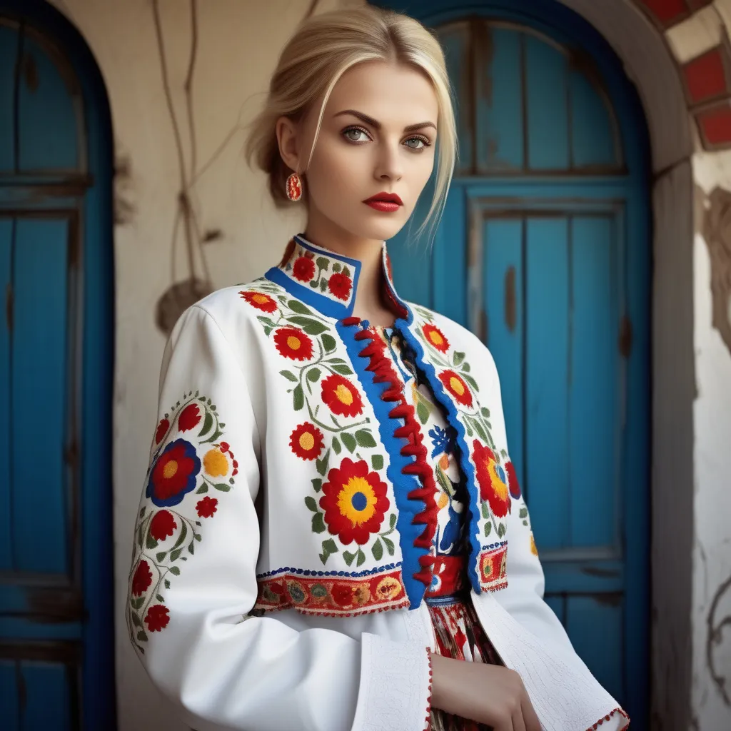 a woman in a white and red dress standing in front of a blue door