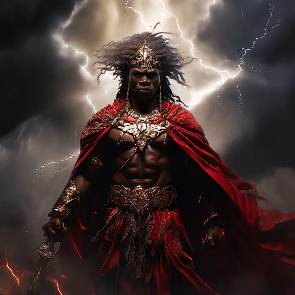 a man dressed as a warrior with lightning in the background