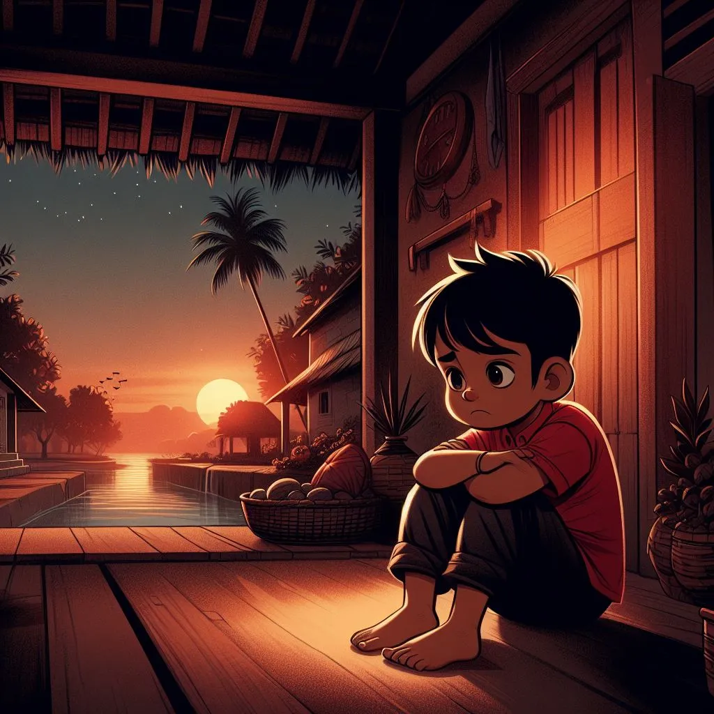 a boy sitting on a porch looking out at the sunset looking sad