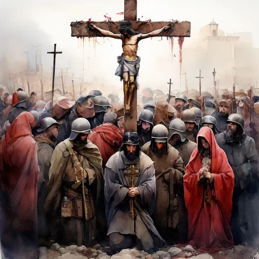 a painting of a crucifix surrounded by soldiers