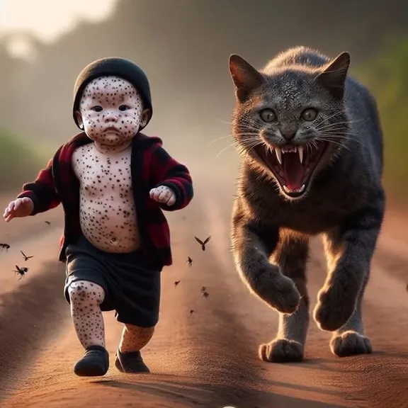 little boy running away from giant cat