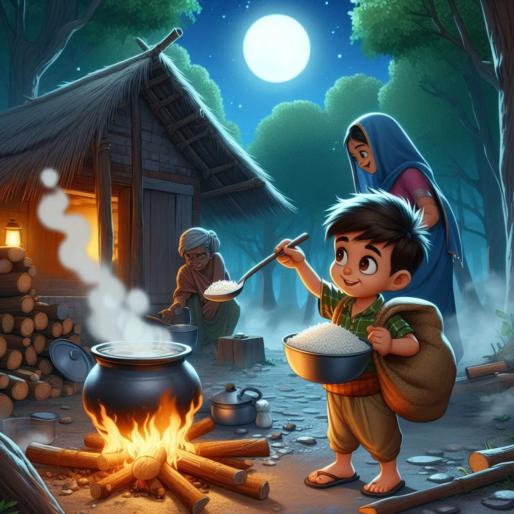 a little boy is cooking over a fire wood stove