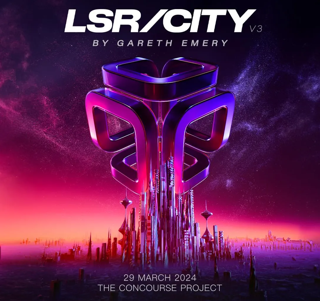 a poster of a futuristic city with a purple background