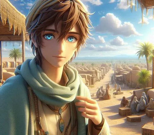 a man with blue eyes standing in front of a desert