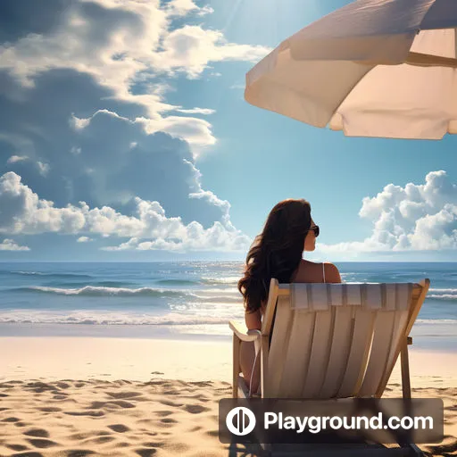 a woman sitting in a beach chair under an umbrella